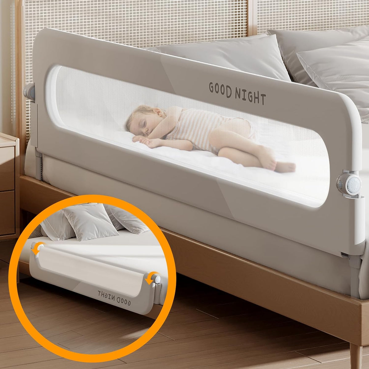 Baranda plegable de malla gris instalada junto a una cama